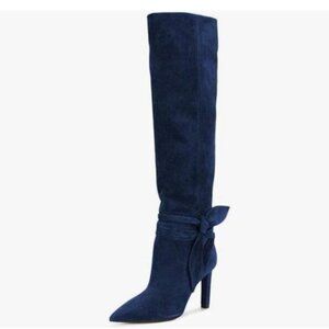 FSJ Dark Blue Pointed Toe Knee High Long Boot Pull On High Heels Boot With Bow